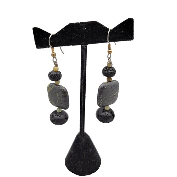 Black Lava Rock Green Tree Agate Dangle Earrings Fish Hook Closure Handmade - Picture 3 of 6